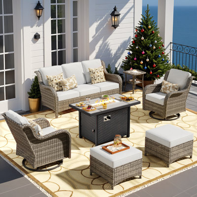 7-piece Outdoor Patio Furniture With Fire Pit,all-weather 7-person Pe Wicker Outdoor Conversation Set, Patio Couch Swivel Rocker Chairs For Backyard,poolside,deck