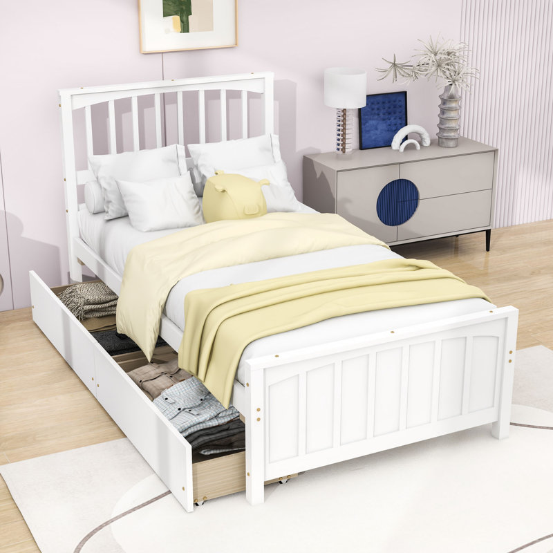 Lit plateforme simple en bois 2 tiroirs avec tête de lit, Blanc