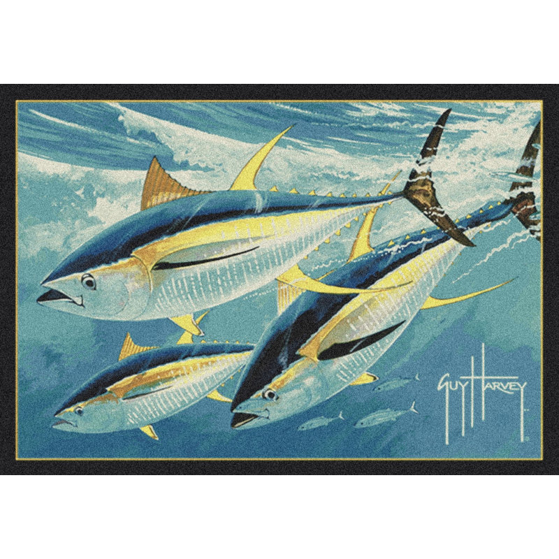  Tapis jaune à nageoires et thon, Rectangle 5 pi 4 po x 7 pi 8 po