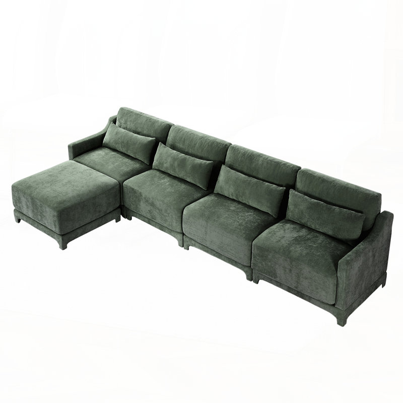 Élégant canapé rembourré en chenille avec design modulaire et repose-pieds assorti pour plus de confort, Chenille verte