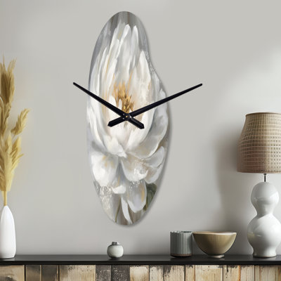 White Grey Peonies Artistry - Peonies Asymmetrical Metal Wall Clock, White Unique Shape Wall Clock Print