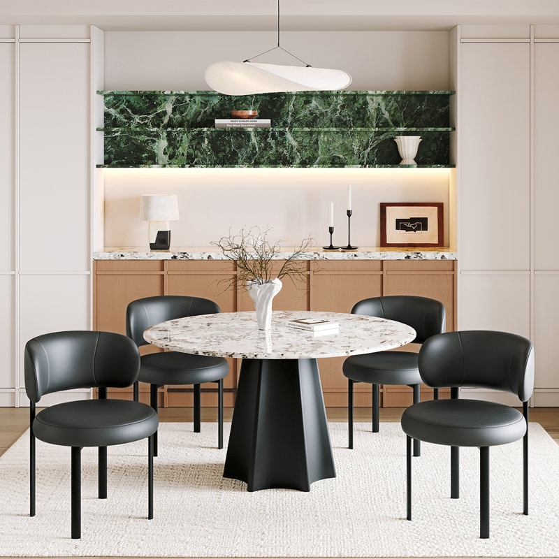 Mid-century Modern Faux Leather Upholstered Dining Chairs With Curved Back, Set Of 4, Black/Faux Leather