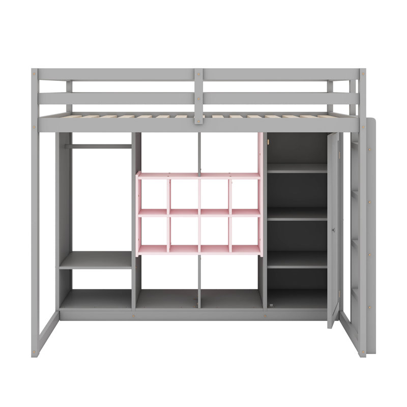 Lit mezzanine simple en bois avec armoire intégrée, tablettes et escalier, Gris / Rose