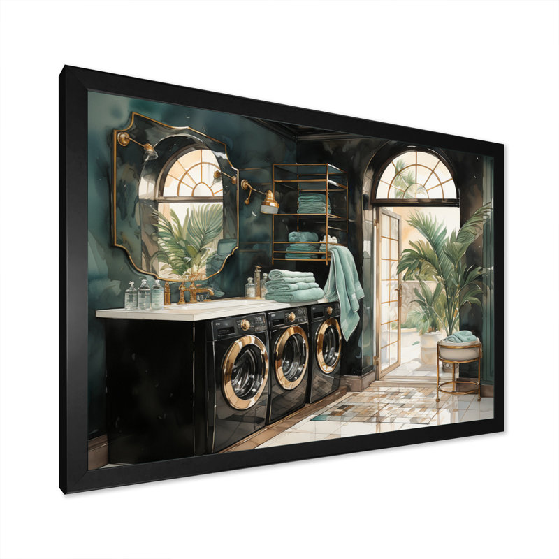 Laundry Room Art Deco I - reproduction sur toile, Cadre simple noir, H 12 po x l 20 po x P 1 po