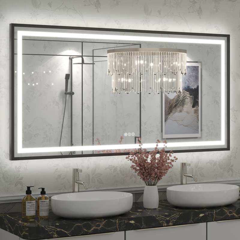 Molly Framelss or Framed LED Anti-Fog Tempered Glass Wall Bathroom Vanity Mirror - UL Certified, 60" x 30", Black