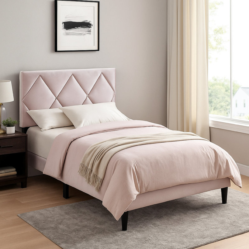Griseldis Upholstered Unfinished Slat Bed, Full, Light Pink