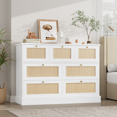 Joellen 44.5" W 7 Drawer Rattan Dresser, Wood Storage Chest of Drawers by Beachcrest Home