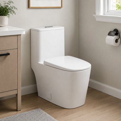 Elongated One-Piece Toilet, Modern Skirted Ceramic Toilet with Soft Close Seat, 12" Rough-In, Dual Flush 1.1/1.6 GPF, White