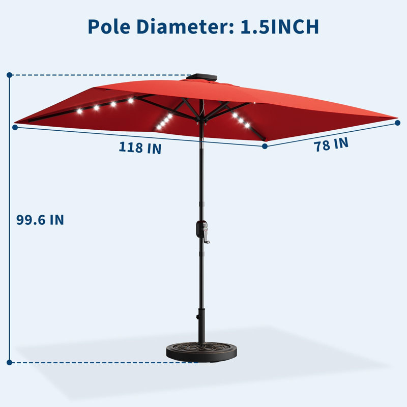 10 x 6.5 ft Solar Rectangular Patio Umbrella, with LED Lights, Red