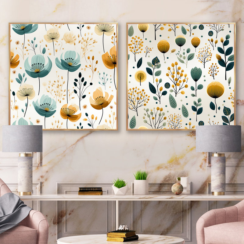 Ensemble de 2 collages carrés botaniques à motif floral minimaliste vert et jaune, Cadre flottant doré, H 16 po x l 33 po