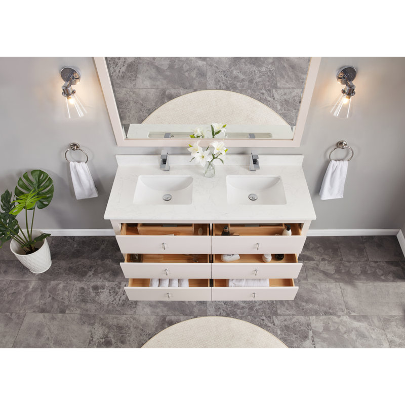 Meuble-lavabo double 60 po en bois massif avec plateau en marbre d'ingénierie 1 po, Dreamy White