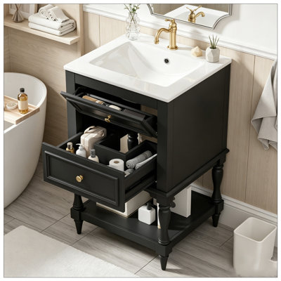 Bathroom Vanity with Ceramic Sink, Open Shelf and 2 Drawers