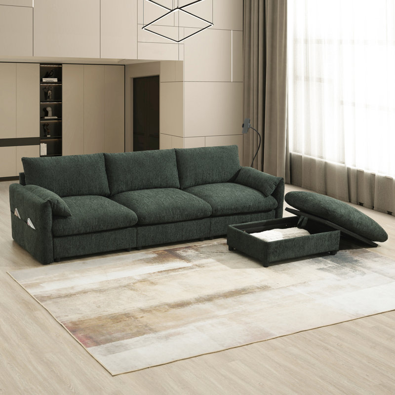  Canapé modulaire en chenille 2 pièces de 96 po en chenille 2 pièces avec repose-pieds et poches, Chenille verte