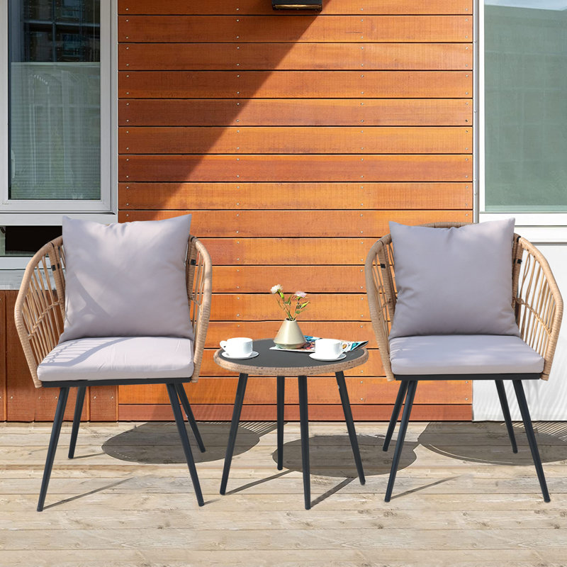 3-Piece Outdoor Patio Bistro Set – Modern Wicker Conversation Chairs with Glass Table & Cushions, Tan, Gray