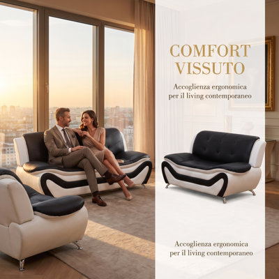 Ensemble de canapé capitonné en similicuir 3 pièces noir et blanc avec cadre en bois massif et mousse à mémoire de forme haute densité, ensemble de 2 fauteuils d'appoint