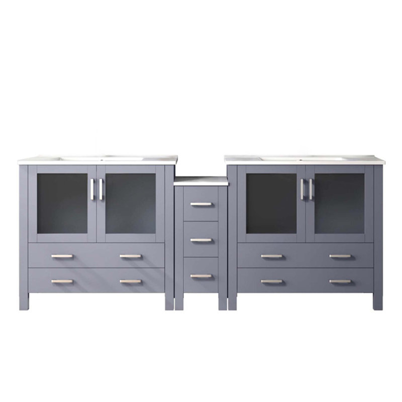 Meuble-lavabo double avec armoire latérale et plateau en céramique blanche