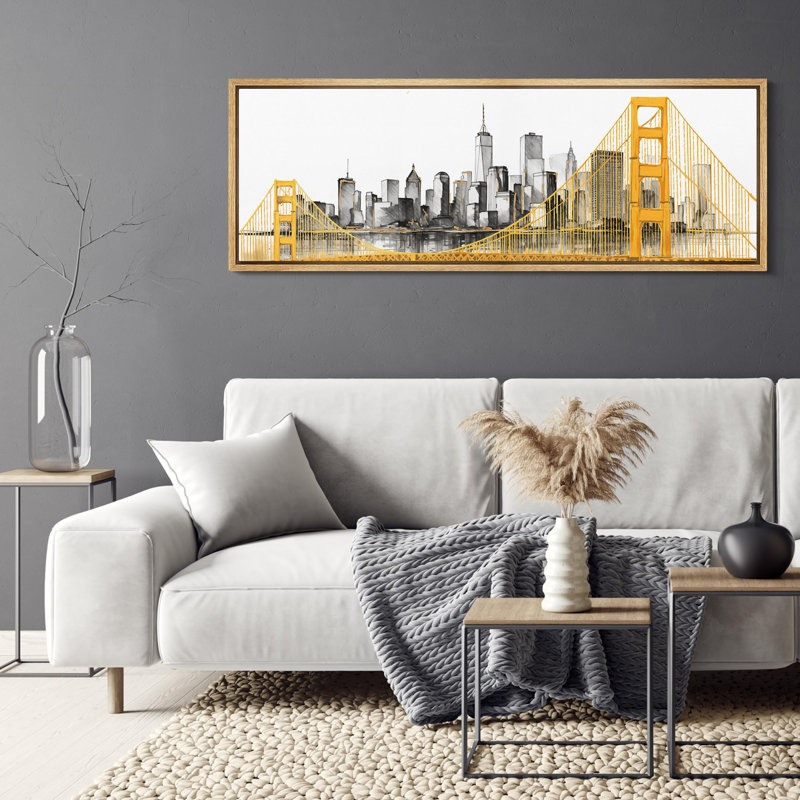 «Architecture Building Iconic Cityscape And Bridge Aquarelle», reproduction sur toile, H 20 po x l 60 po, Naturel
