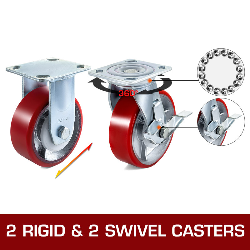 Heavy Duty 6" Polyurethane Swivel and Rigid Casters with Brake