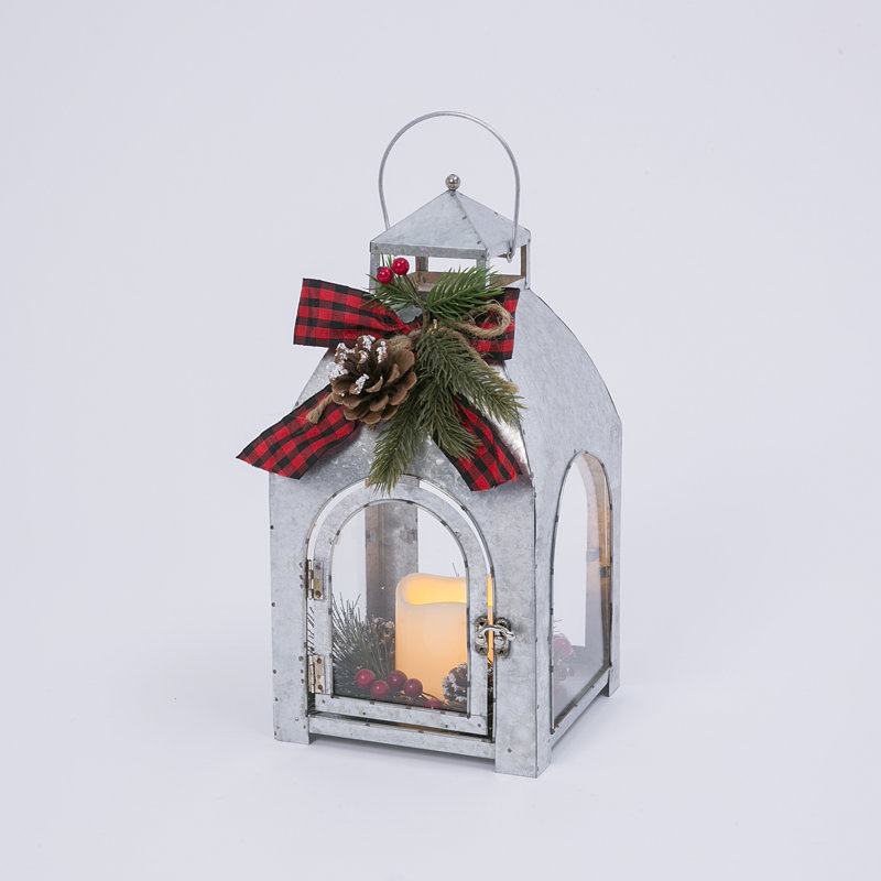 Lanterne de maison de vacances éclairée en métal galvanisé à piles 13,5 po H Lighted