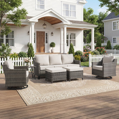 Arlene 5-7 Person Outdoor Courtyard Wicker Family Conversation Set Group With Swivel Chairs