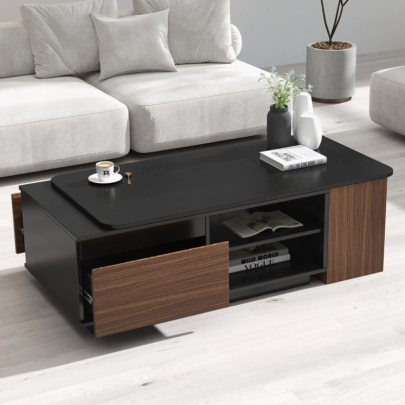 Table basse extensible, table basse en bois réglable en longueur avec 2 tiroirs de rangement pour le salon, grande table centrale rectangulaire longue