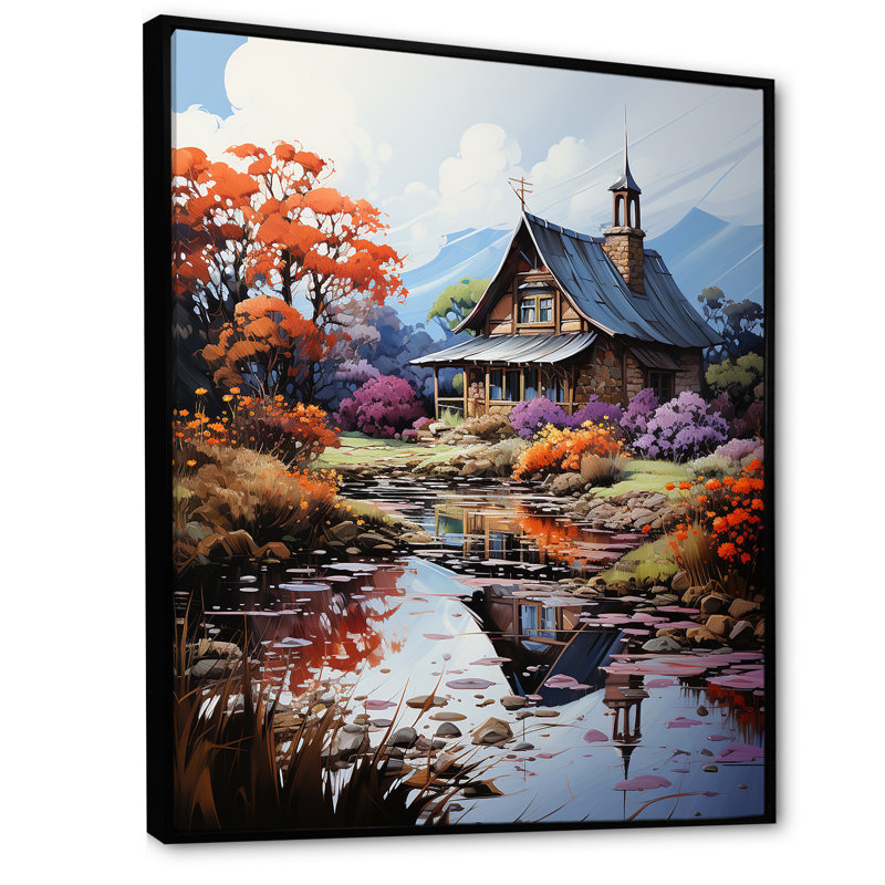 Fall Retreat Cottage Landscape 4 - Art mural paysage, Cadre flottant noir, 32" H x 16" W