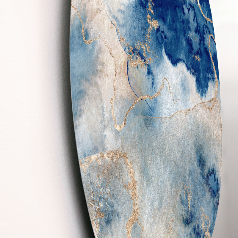 «Blue and Gold Marble Clouds III», art mural moderne en métal, H 29 po x l 29 po
