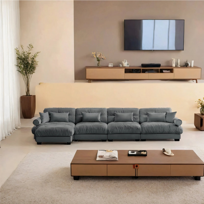 Canapé modulaire convertible 4 places rembourré en velours avec coussins lombaires, coussins décoratifs et accoudoirs rembourrés