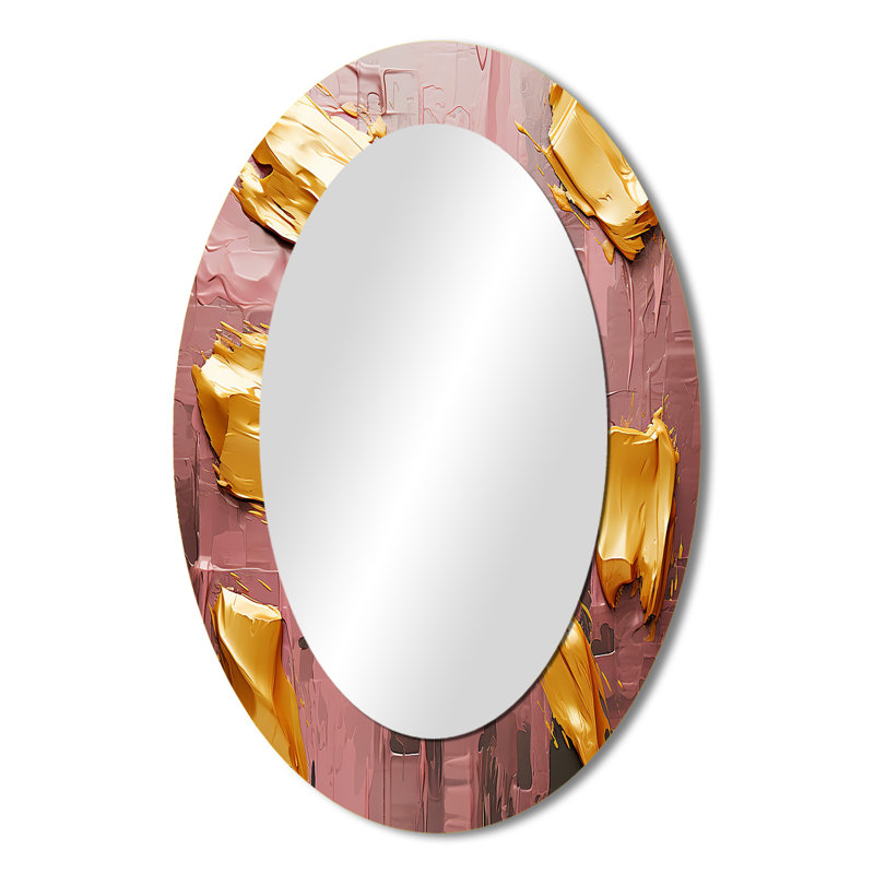 «Celebrating Destiny» - Miroir décoratif abstrait oval sur métal abstrait doré et rose III, 36 po x 24 po