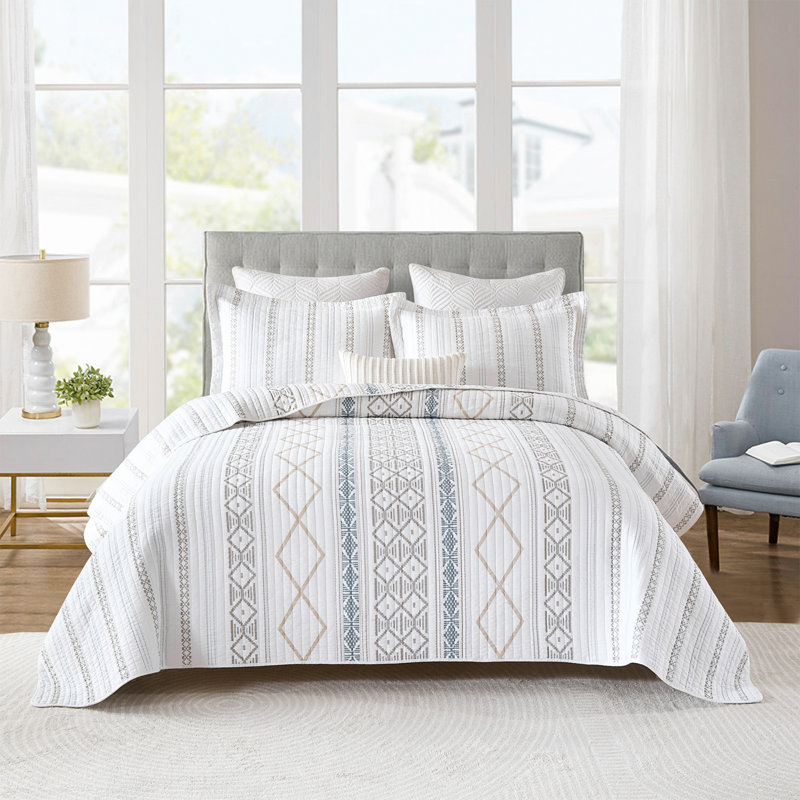 DUOHONG 100% Cotton  Quilted Quilt Set, King Quilt + 2 King Shams, White/Gray/Beige Geometric Shapes
