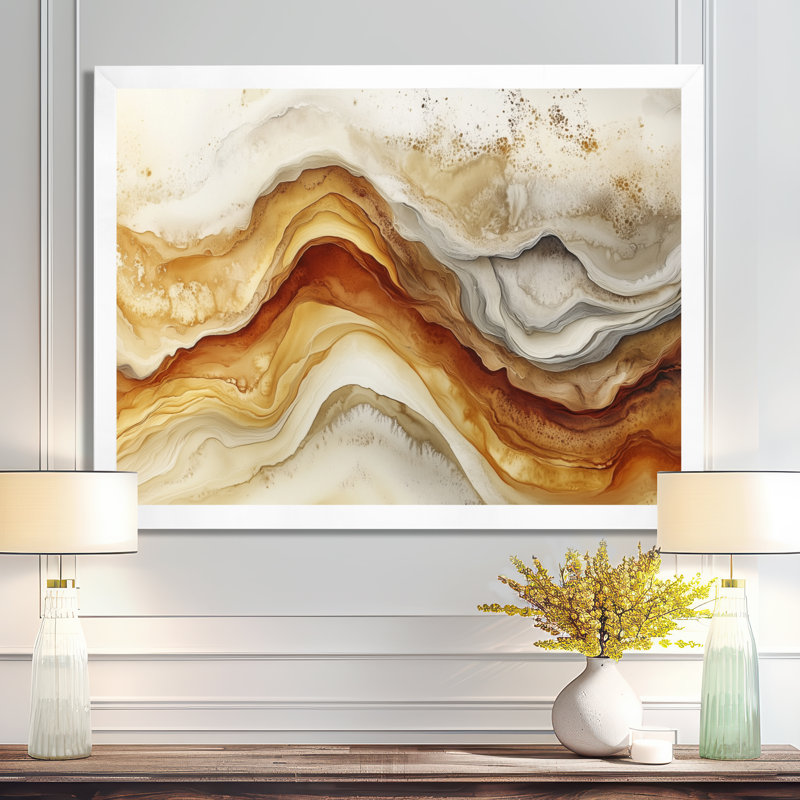 Caramel Beige Warm Earth Marble Wave Flow - Tableau abstrait encadré, H 16 po x l 32 po, White Picture Framed