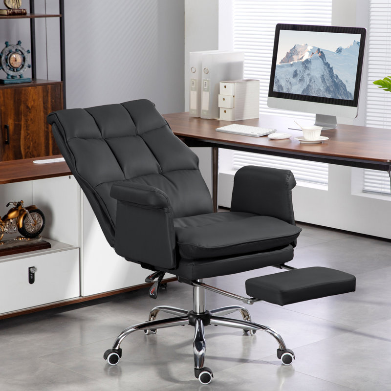 Executive Office Chair, PU Leather Ergonomic Office Desk Chair With Footrest, Reclining And Swivel Chair, Black