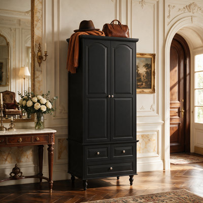 31.5"W x 70.9"H Black Painted Wardrobe, Hanging Rod & 3 Drawers