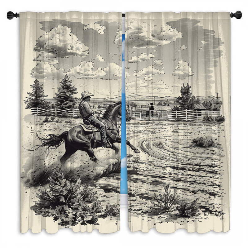 Cowboy Window Curtains  Landscape Sheer & Room Darkening - 2 Panels, 40in x 60in - 2 panels, Sheer