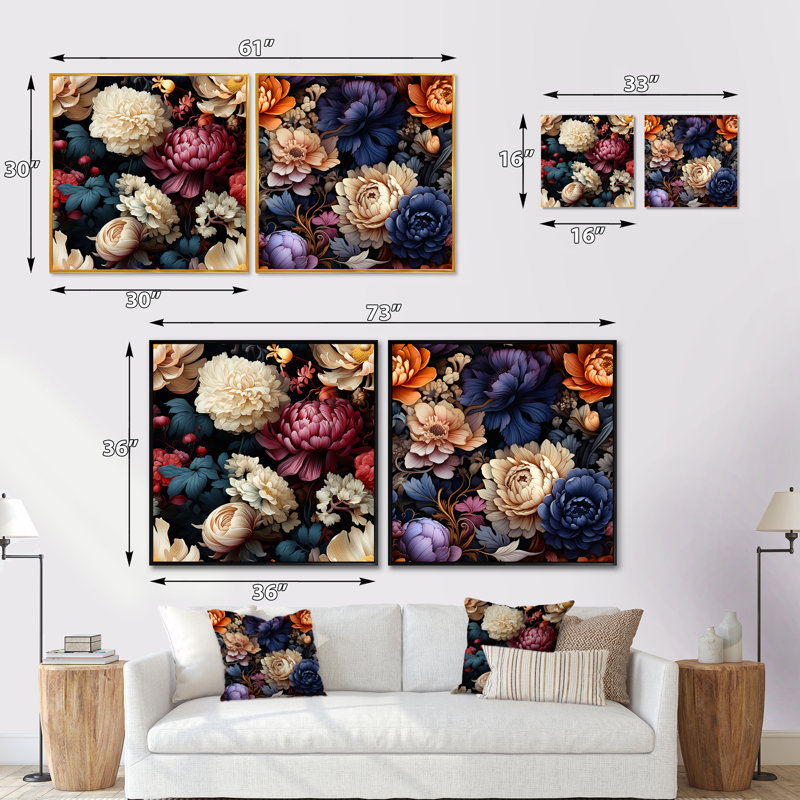 Vargo - Ensemble de 2 collages floraux carrés, Cadre flottant noir, H 36 po x l 73 po