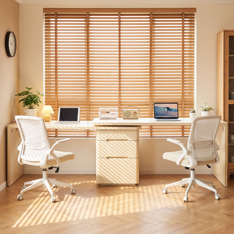 Bureau d'ordinateur en coin rotatif 93 po x 23 po Attina avec 3 tiroirs de rangement, finition chêne naturel clair Attina