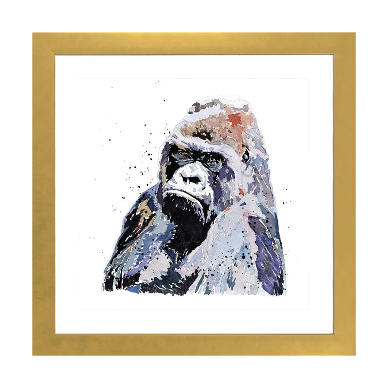 Grand garçon Gorilla par Edwatercolours-impression, H 16 po x l 16 po x p 1 po, Papier encadré doré, Blanc