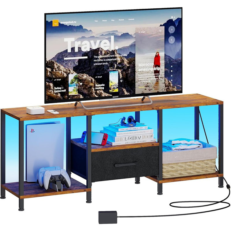 Meuble télé avec lumières DEL, centre de divertissement avec tablettes ouvertes et tiroir en tissu, console multimédia pour téléviseur de 55 po