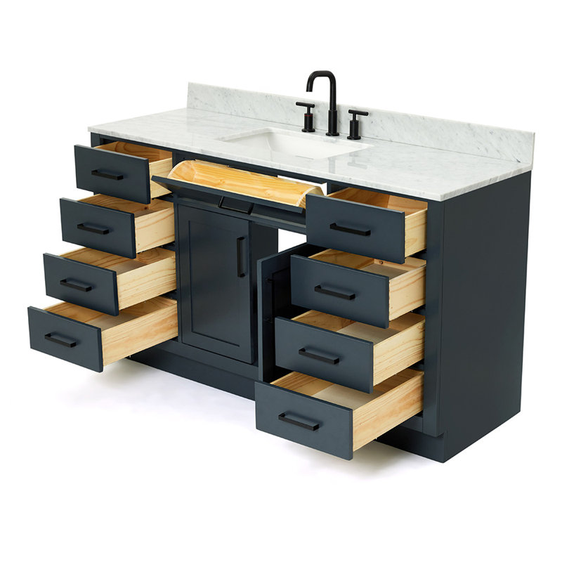 Jameal 60'' Solid Wood Single Bathroom Vanity with 0.75'' Carrara Marble Top Sink, Midnight Blue, Rectangular