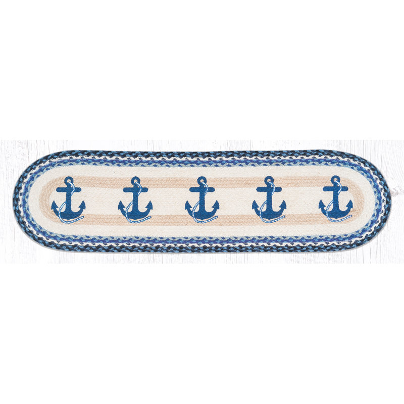 Earth Rugs OP-443 Navy Anchor Oval Table Runner, 13"x36"