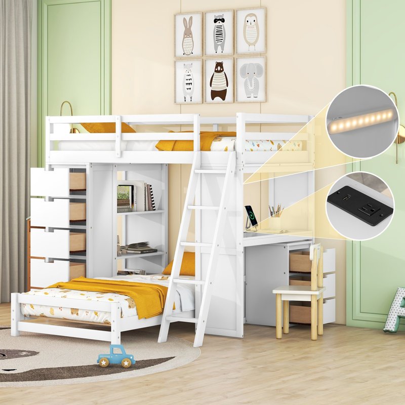 Twin over Twin Bunk Bed with LED Light and USB Poarts, White