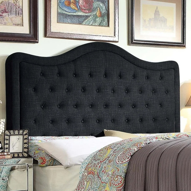 Adjustable Headboard with Fine Linen Upholstery and Button Tufting for Bedroom, Black, Queen