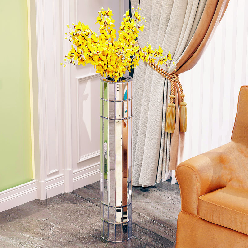 36.02-Inch Silver Octagonal Mirror-Finish Vase For Living Room Decor, Home Decor Vase Suitable For Displaying Artificial Plants And Cattails.