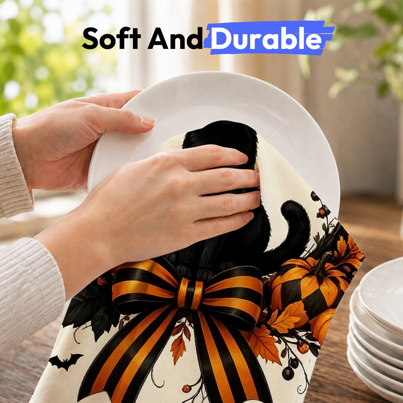  Serviette de cuisine en microfibre d'Halloween, linges à vaisselle réutilisables absorbants, décoration résistante à la décoloration, 16 po x 24 po, chapeau de sorcière chat noir et beige