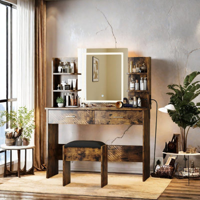 Bureau de coiffeuse avec miroir d'éclairage et prise de courant, ensemble de coiffeuse avec tabouret, table de coiffeuse avec 6 tablettes de rangement, 2 grands tiroirs, luminosité réglable en 3 couleurs