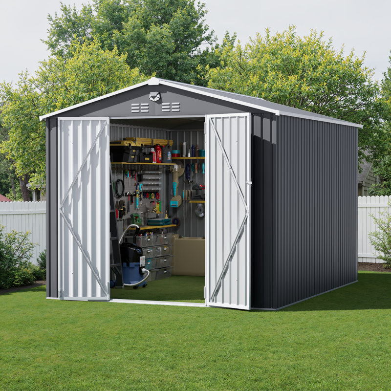 Remise de rangement pour outils en métal l 10 pi x P 12 pi avec lumières DEL et évents, noir, 10 pi x 12 pi