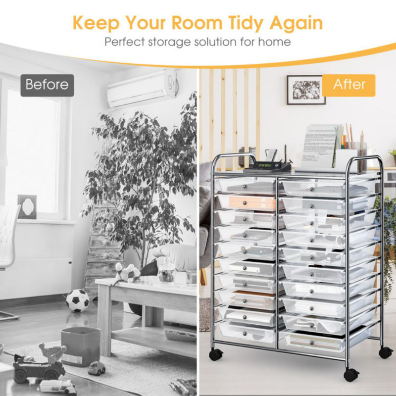 Clear 20-Drawer Rolling Organizer Cart with Chrome Frame