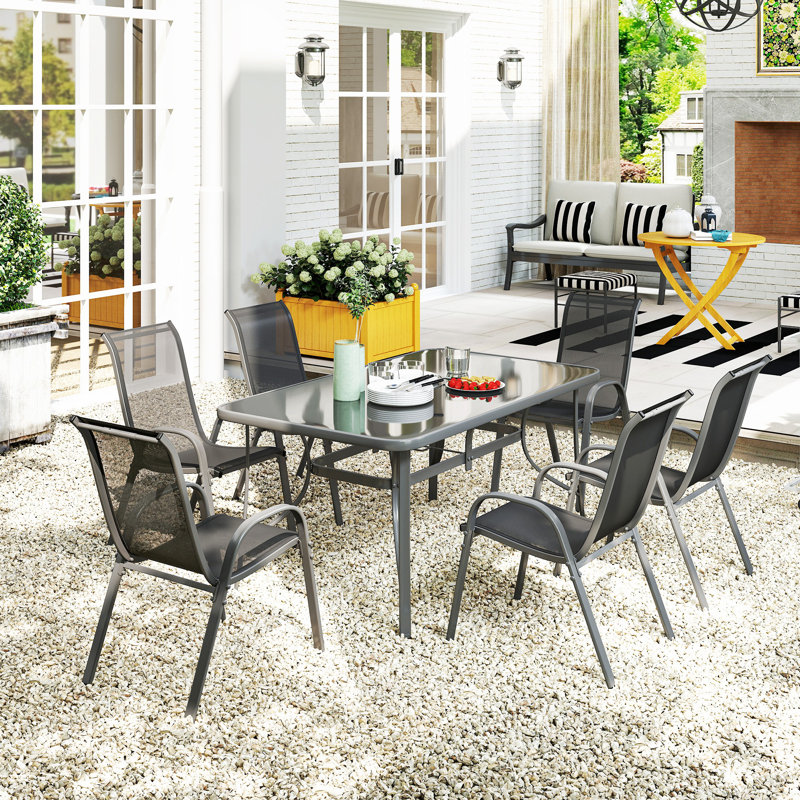 Outsunny 7 Piece Garden Dining Set 6 Seater Parasol Hole Charcoal Grey