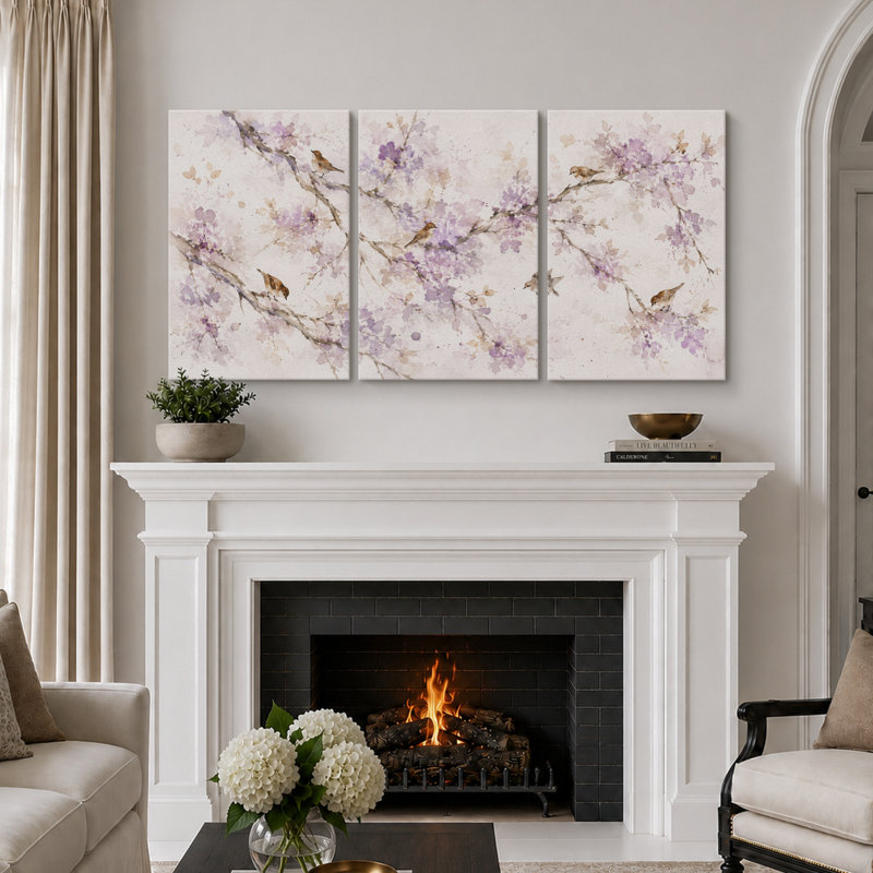 Branches de lavande en fleurs avec petits oiseaux, illustration botanique, tableau pour chambre, impression giclée sur toile en 3 parties - 61 cm x 3 pièces
