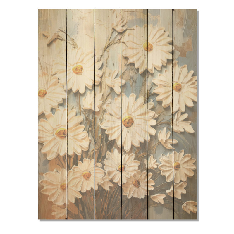 «White Daisy Blooming Elegance I» - marguerites blanches, art mural sur bois de pin naturel, H 20 po x l 10 po